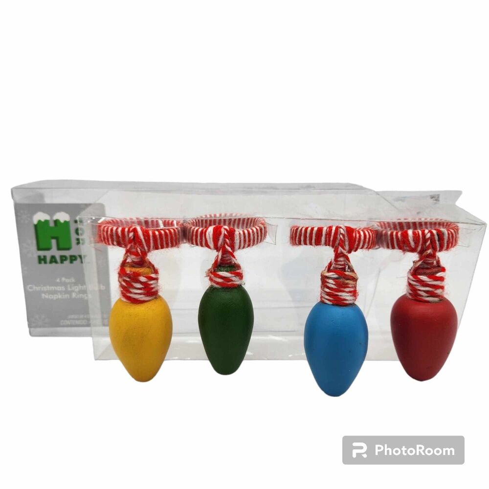 Set of 4 Christmas Light Bulb Wood Napkin Rings NEW Holiday Party by H for Happy